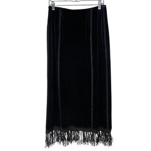 Sophie Chang Studio Black Velvet Midi Skirt Fringe Embroidered Women Size M